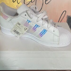 Adidas White Sneakers with Iridescent Stripes